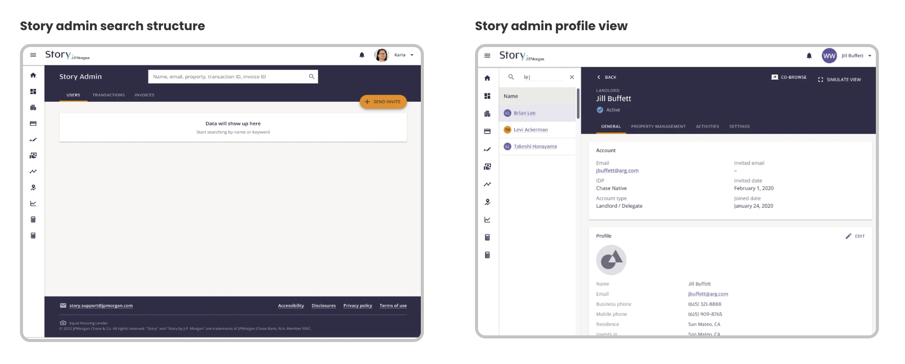Story admin search structure and story admin profile view