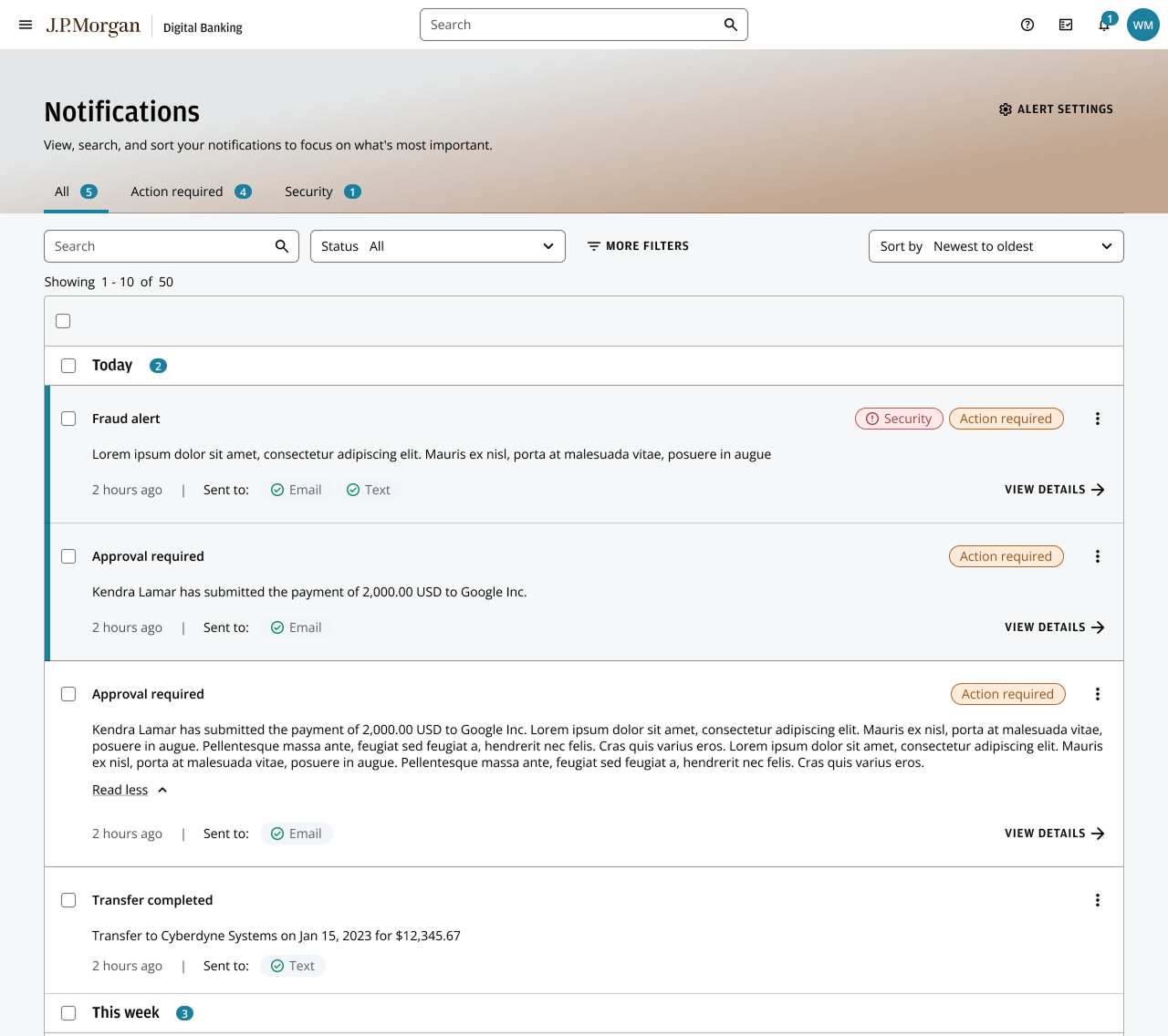 JPMorgan Notifications Center interface