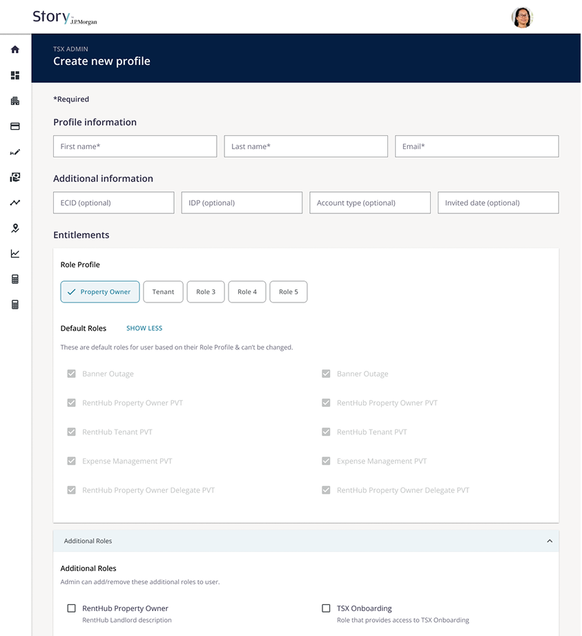 TSX Admin create new profile interface